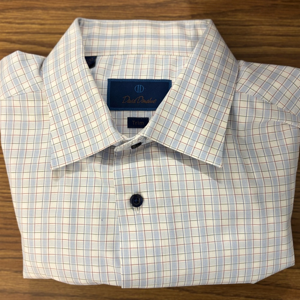 David Donahue Men's Checkered Shirt in Cream and Blue